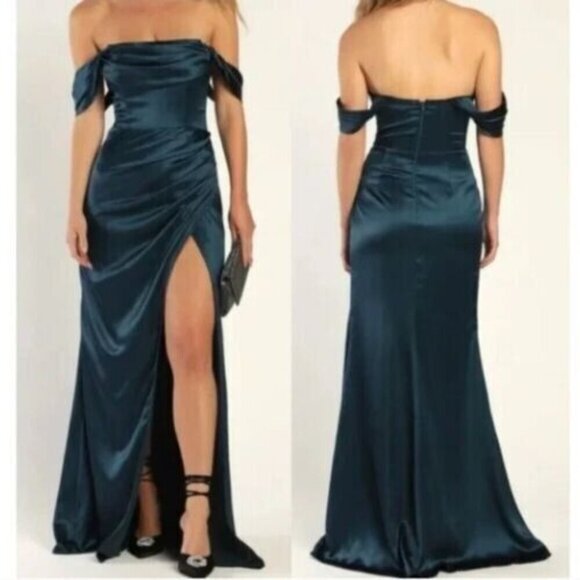 Lulu's Dark Teal Stunning Arrival Satin Off-The-Shoulder Maxi Dress XS NEW - Picture 1 of 16